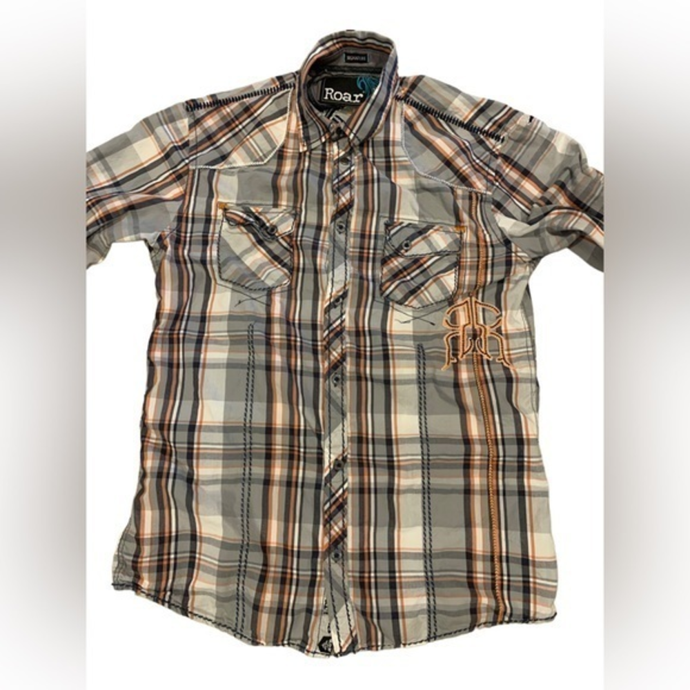 Roar Liberation‎ Embroidered Check Long Sleeve Shirt Embellished Button Up Men L